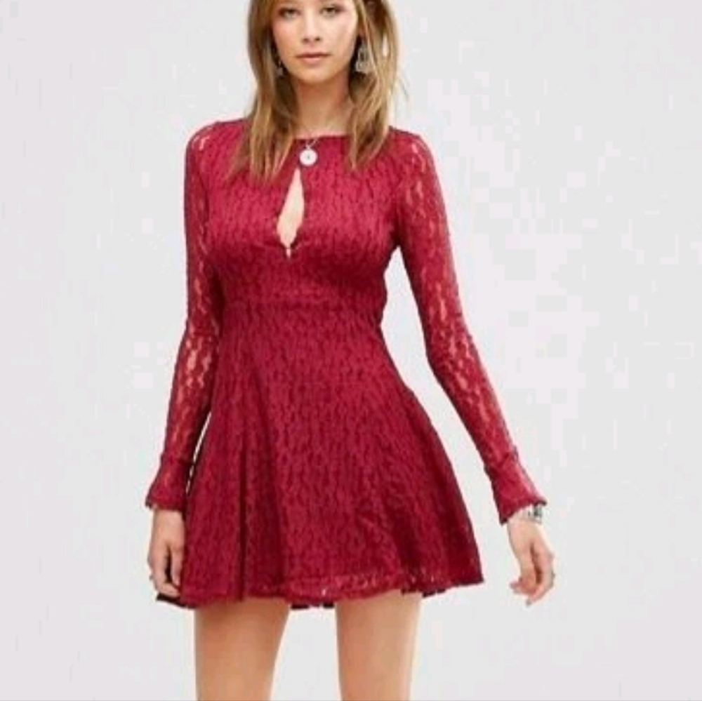 Free People 'Teen Witch' ~ Red Lace Cut-Out Flare Mini Party Dress L